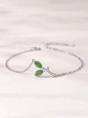 925 Sterling Silver Green Leaf Design Dainty Bracelet New In Box NIB